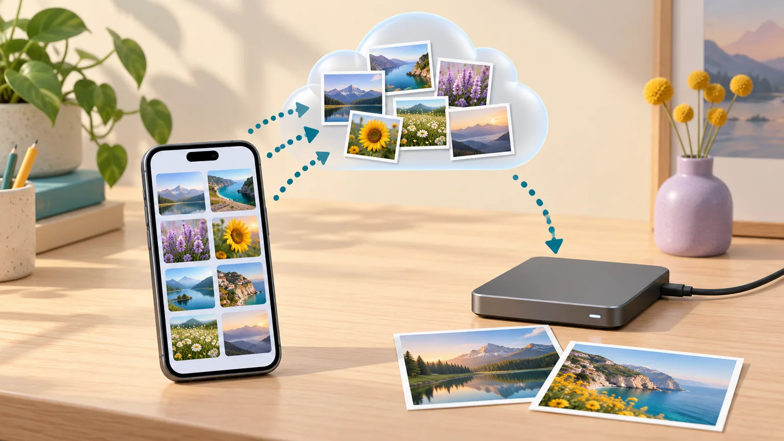 Условные фотографии на смартфоне, их облачные копии и отдельный внешний накопитель