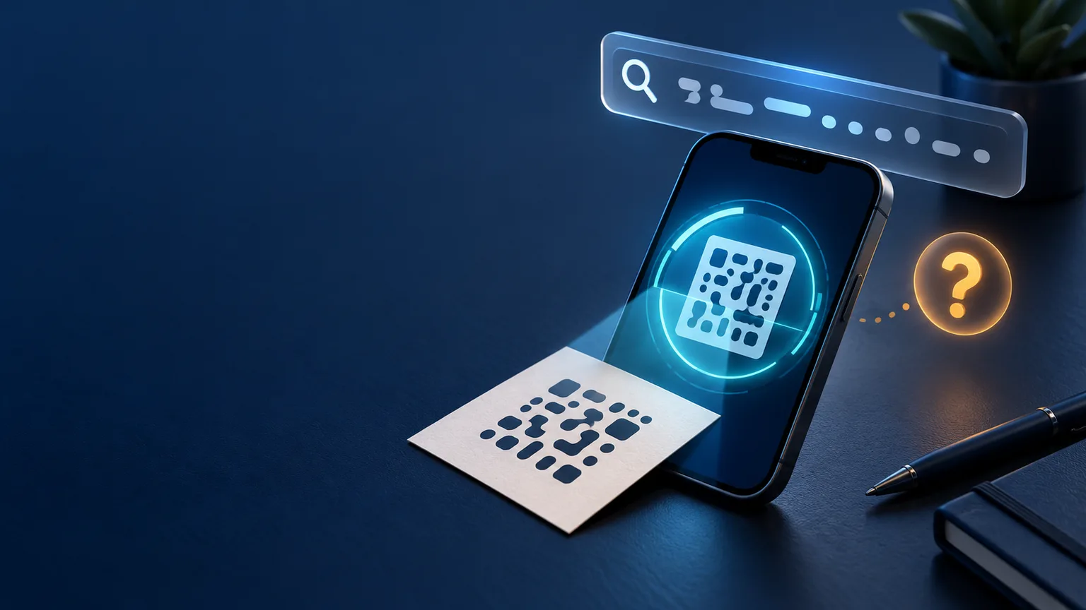 Смартфон рядом с карточкой с условным QR-кодом и увеличительным стеклом